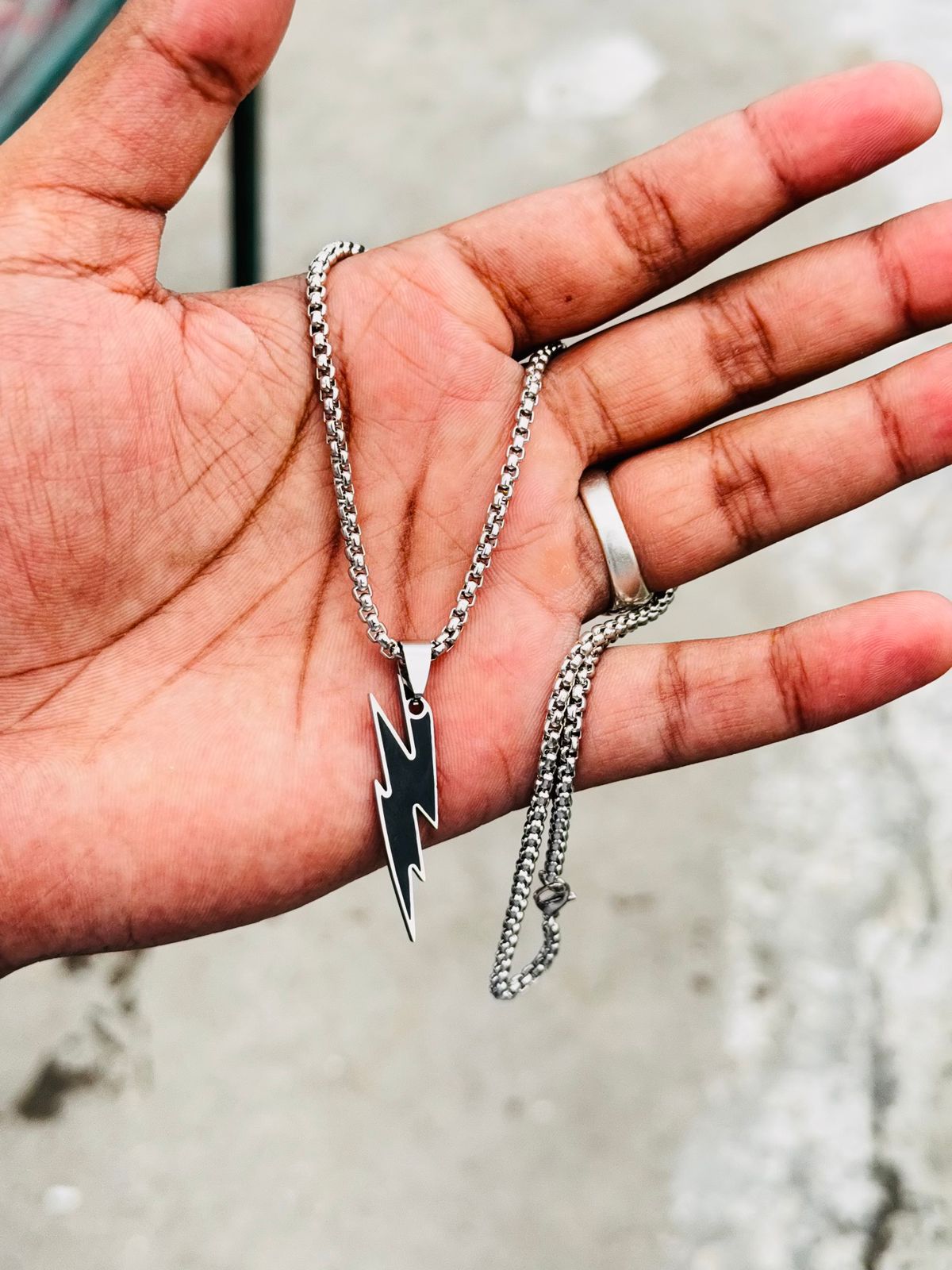 Luxmenz Bolt Up – Men’s Silver Chain with Black Pendant | Stainless Steel Streetwear Necklace