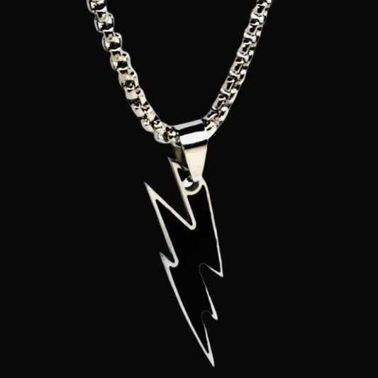 Luxmenz Bolt Up – Men’s Silver Chain with Black Pendant | Stainless Steel Streetwear Necklace
